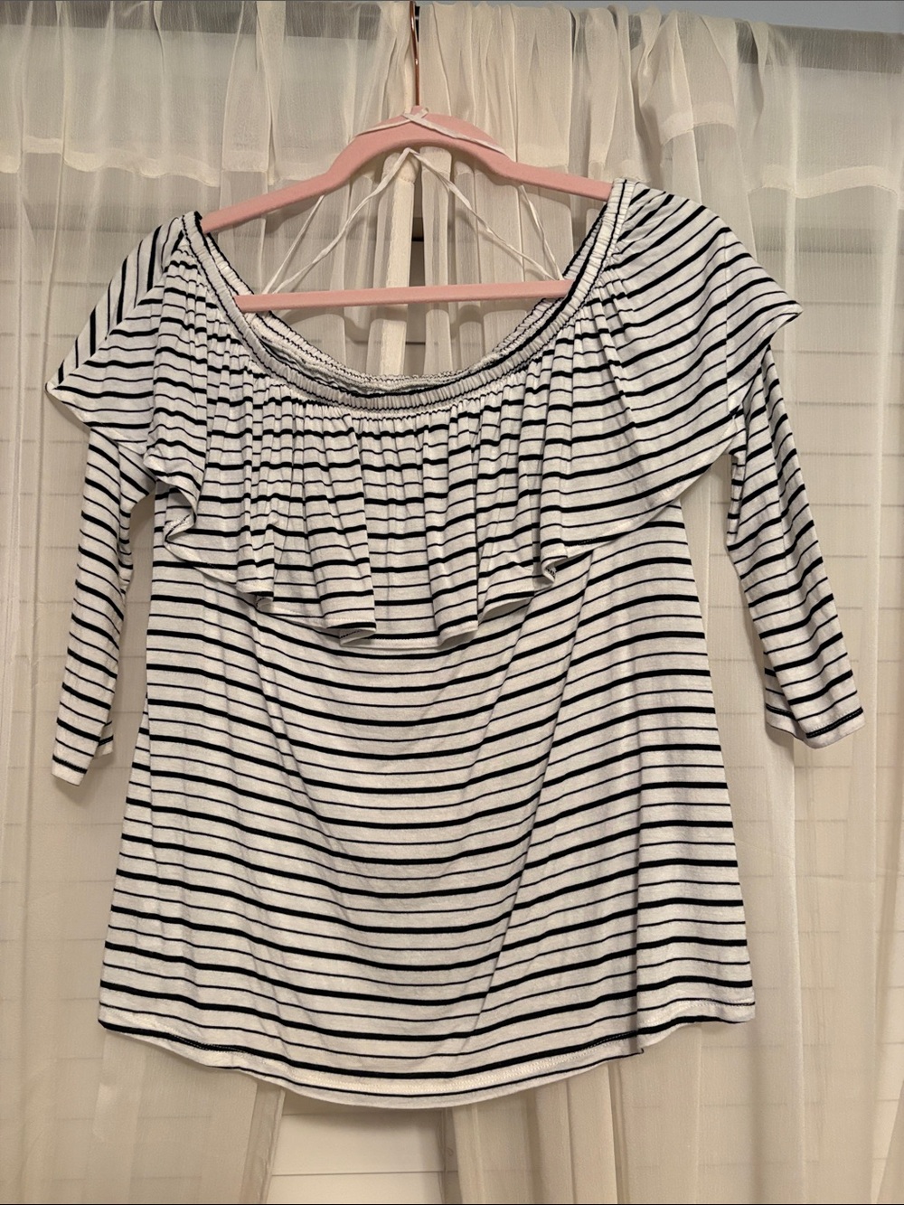 American Eagle Outfitters Black & White Striped Off-Shoulder Ruffle Top
